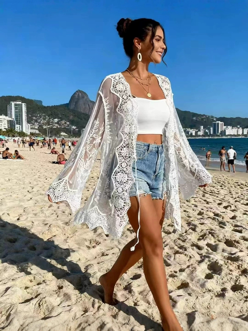 Zara New Knit Openwork Lace Cardigan Long Sleeve Loose Beach Cover Up